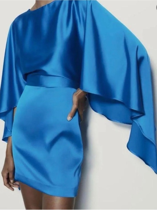 Zara Dresses & Skirts - Zara Royal Blue Satin Cape-Sleeve Dress NWT